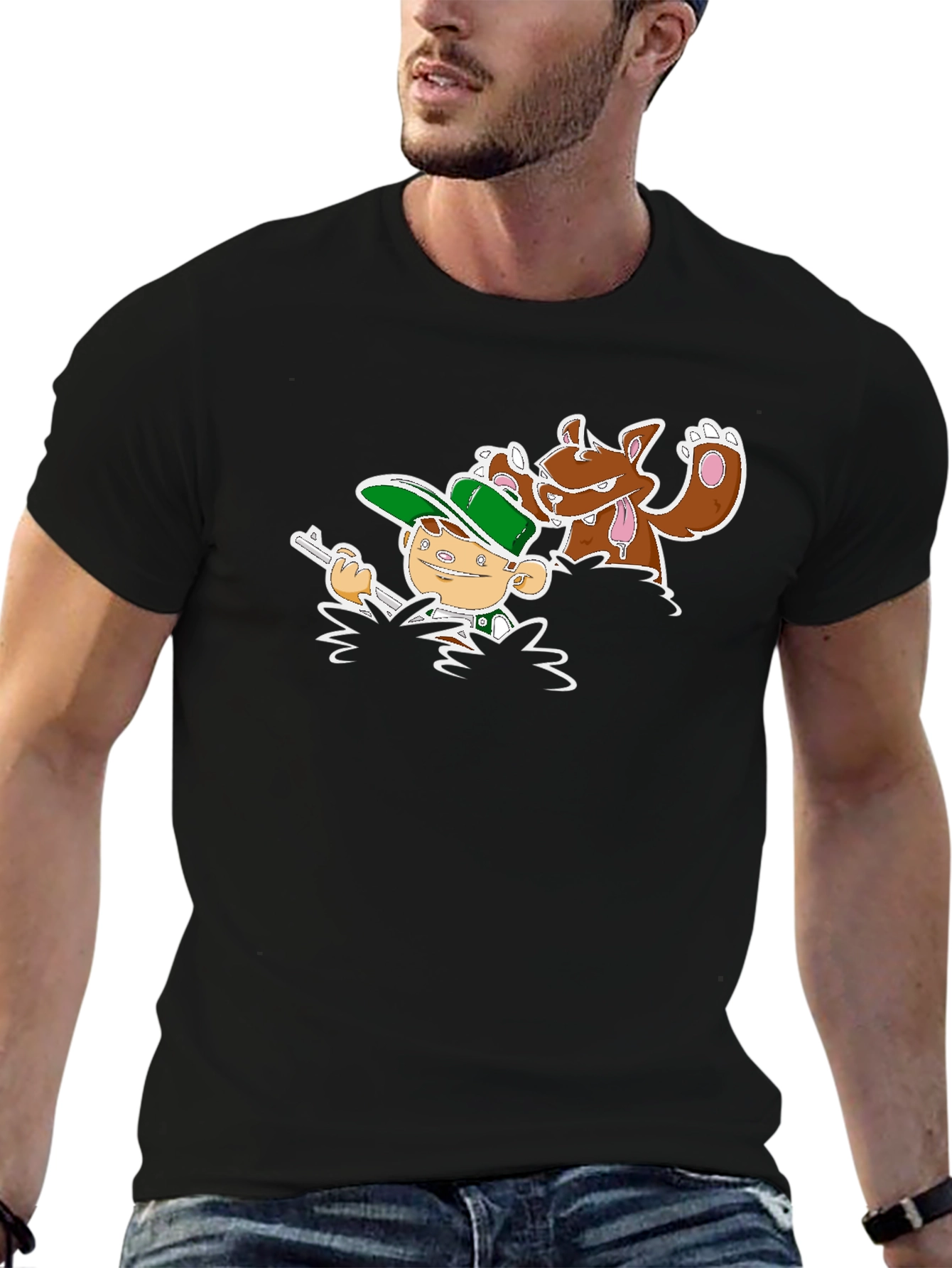 Cartoon Hunter & Dog Graphic Black Tee