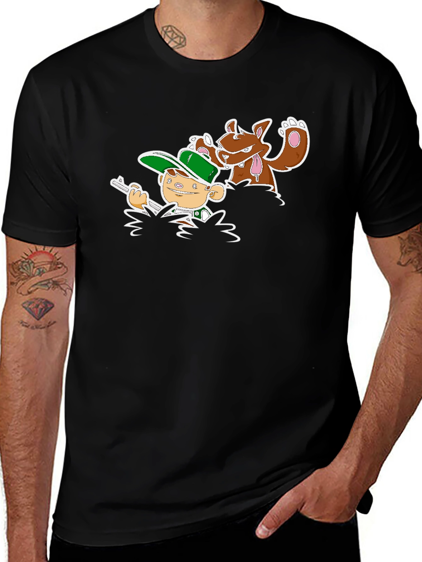 Cartoon Hunter & Dog Graphic Black Tee