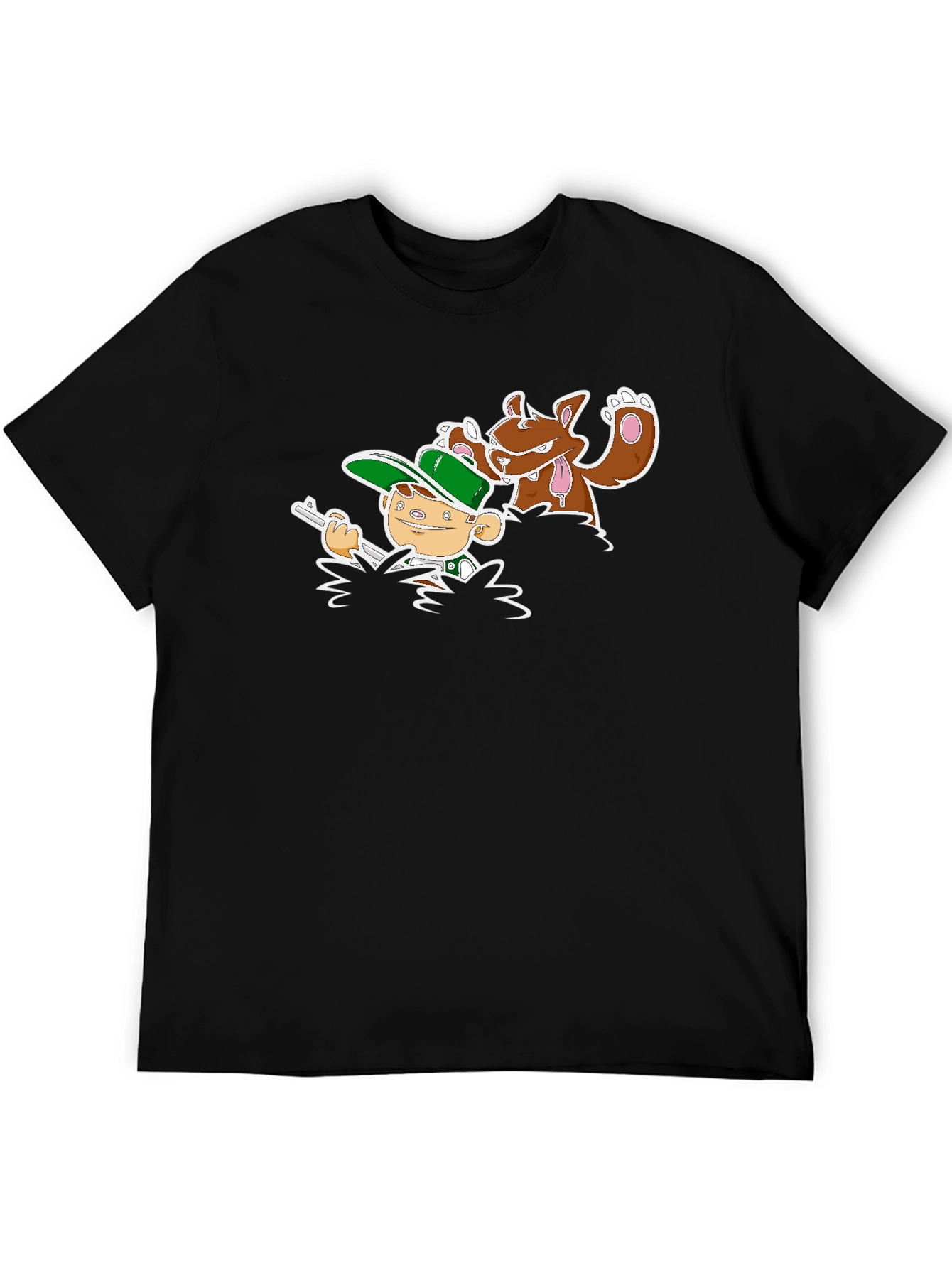 Cartoon Hunter & Dog Graphic Black Tee