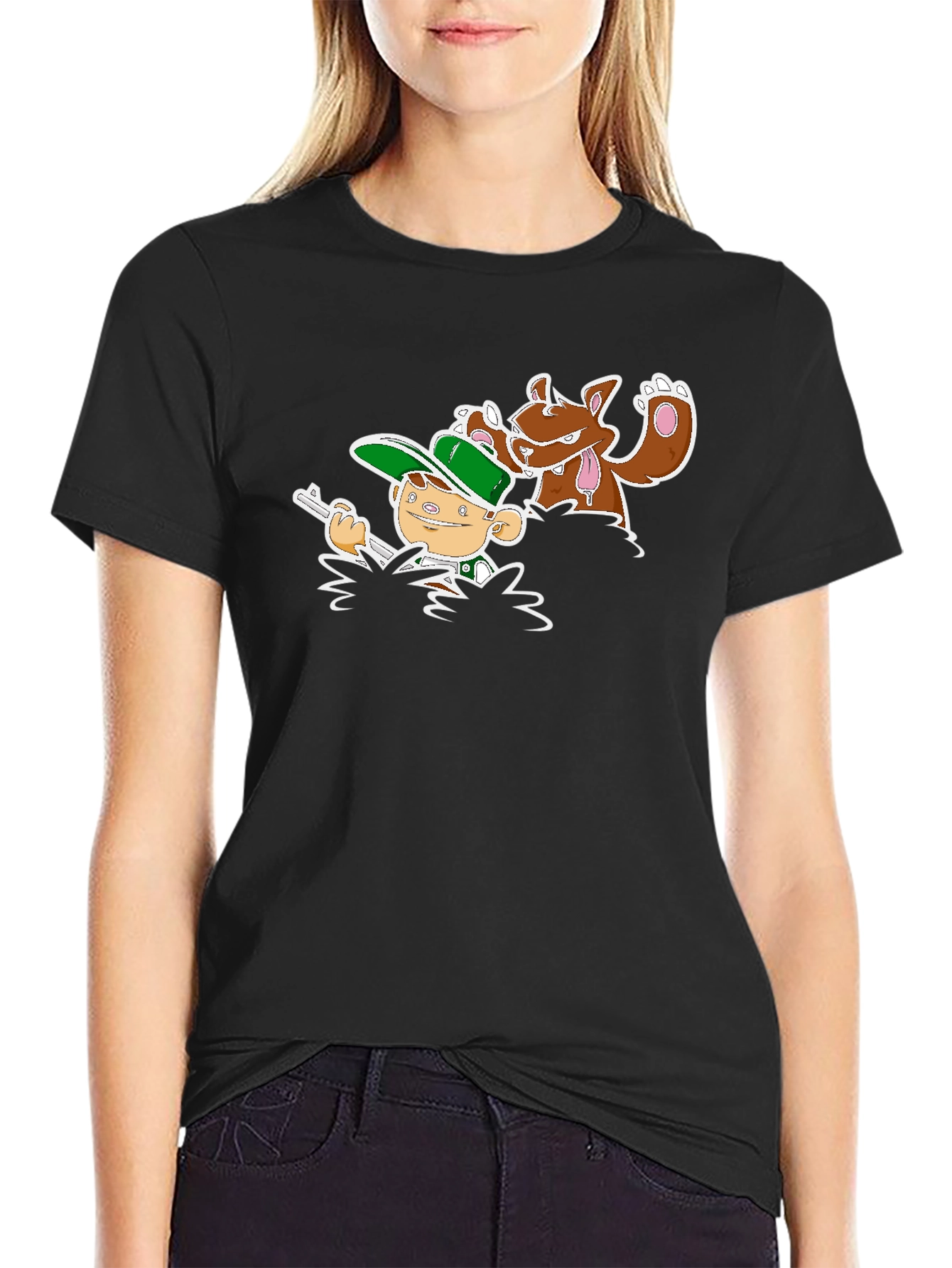 Cartoon Hunter & Dog Graphic Black Tee