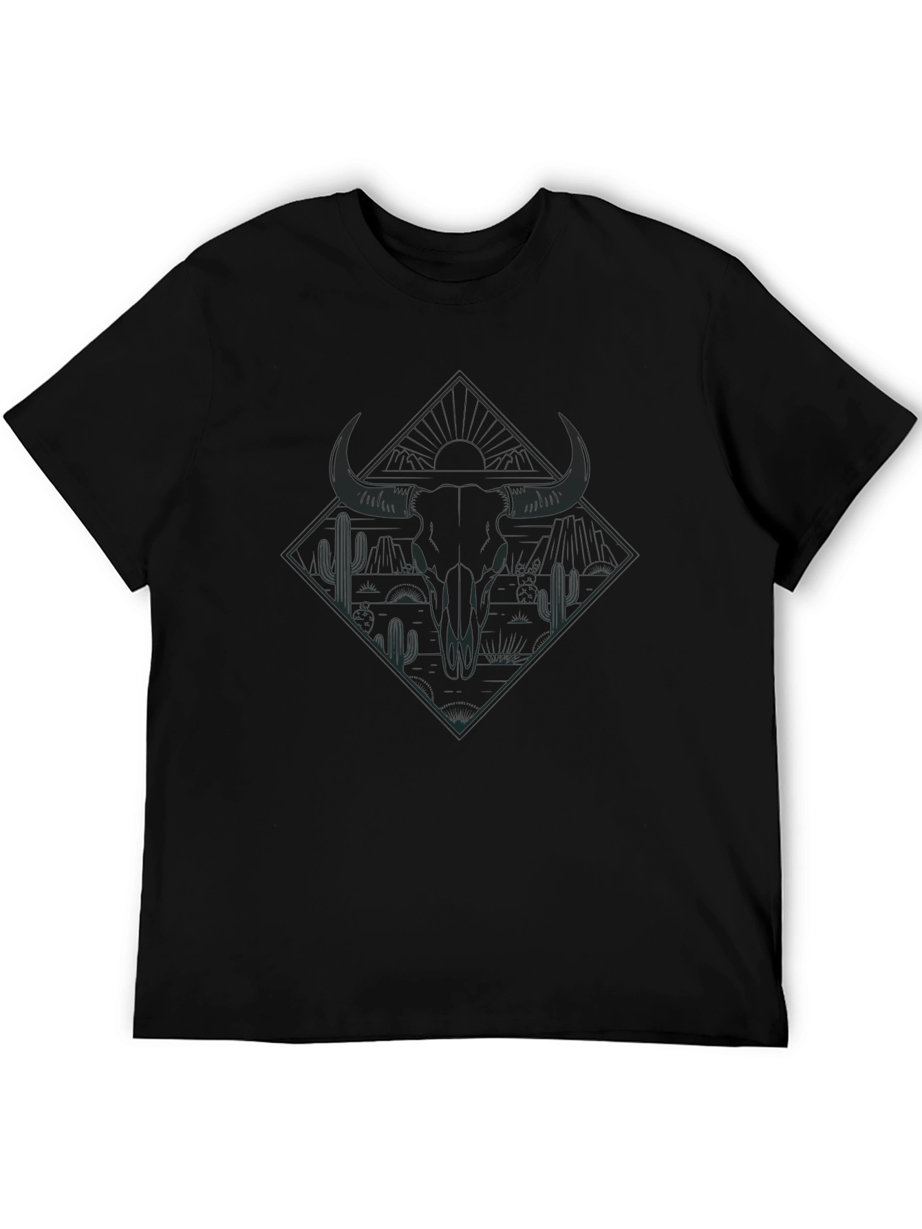 Mens Black T-Shirt with Bull Skull and Desert Graphic