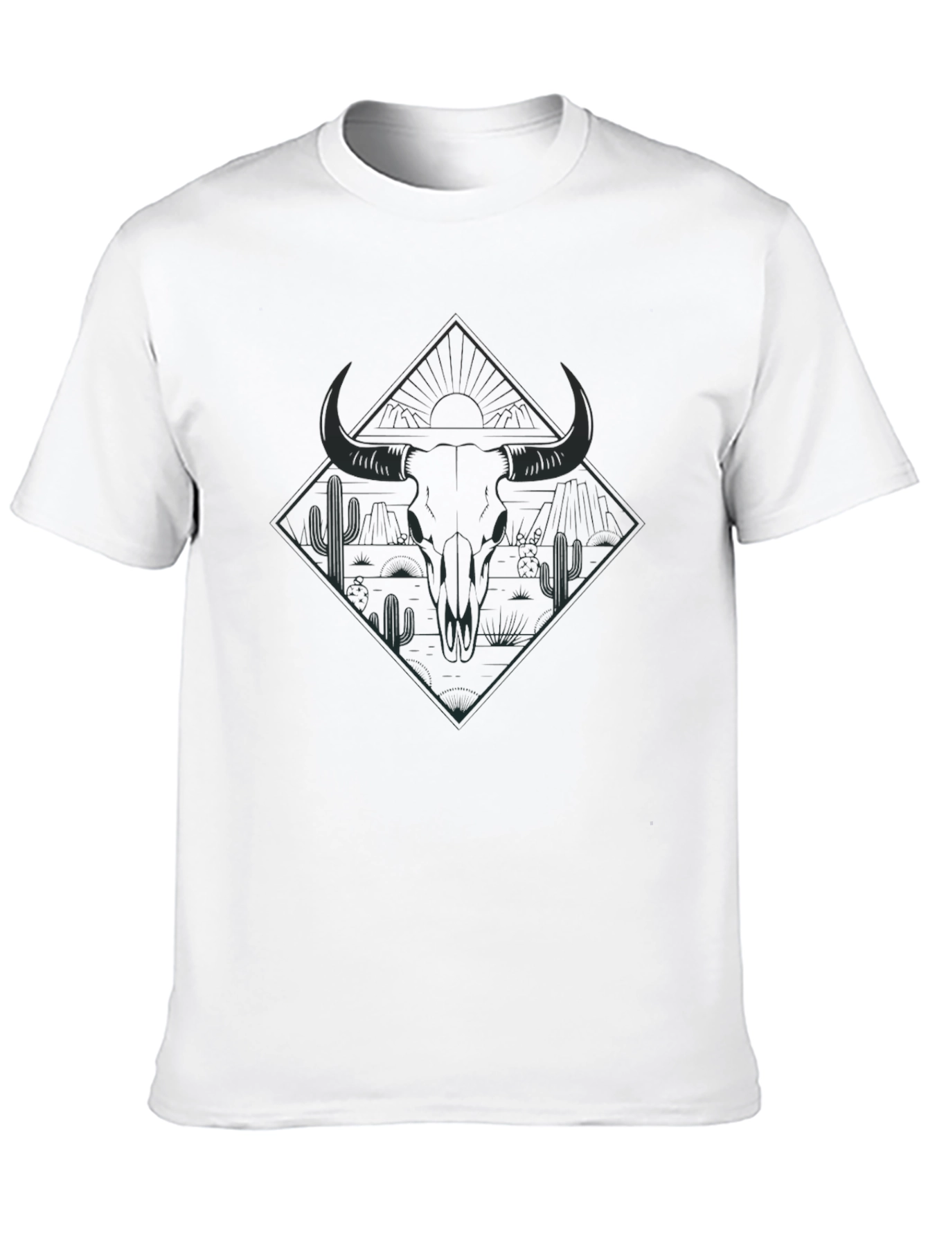 Mens Black T-Shirt with Bull Skull and Desert Graphic