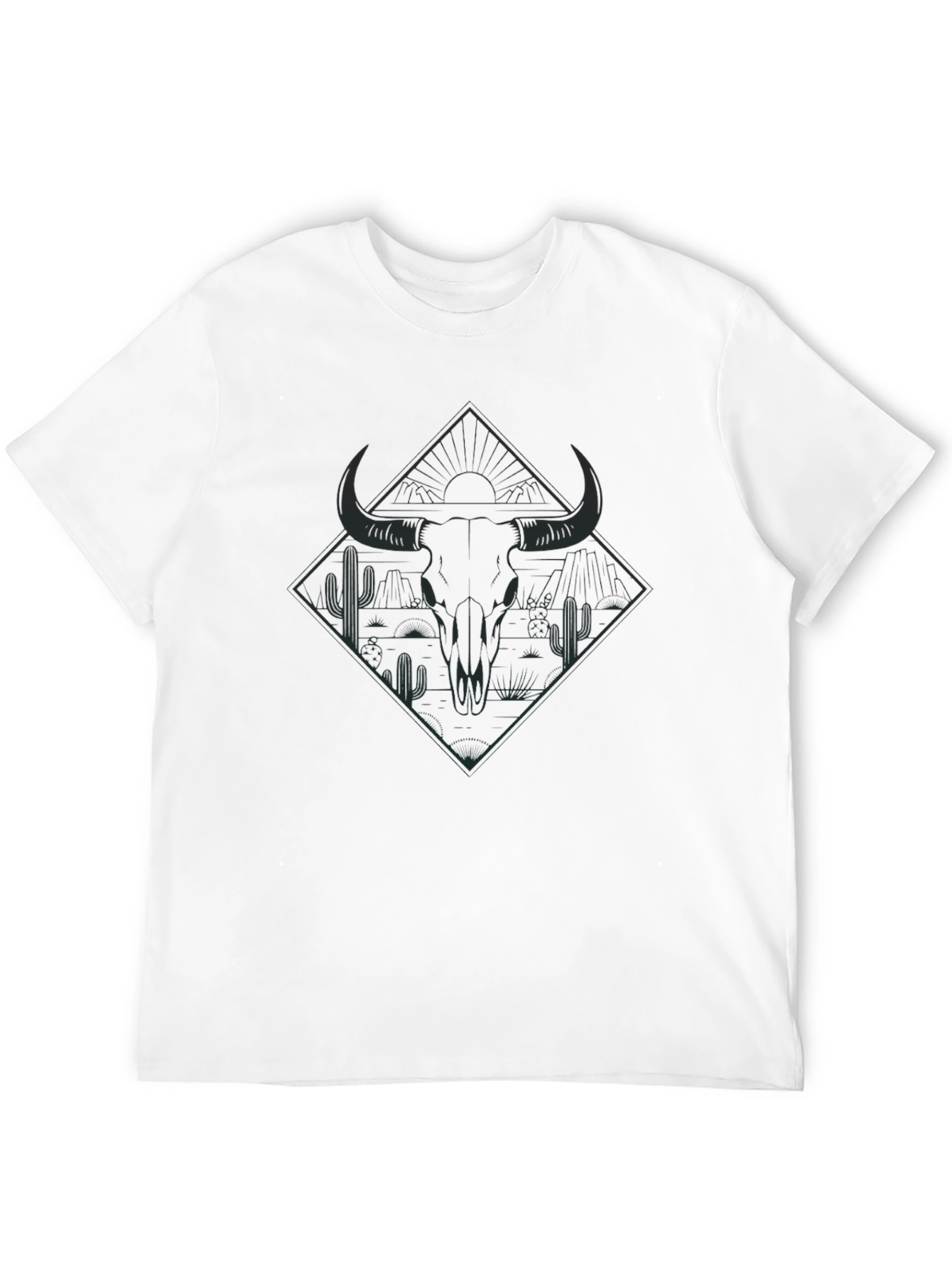 Mens Black T-Shirt with Bull Skull and Desert Graphic