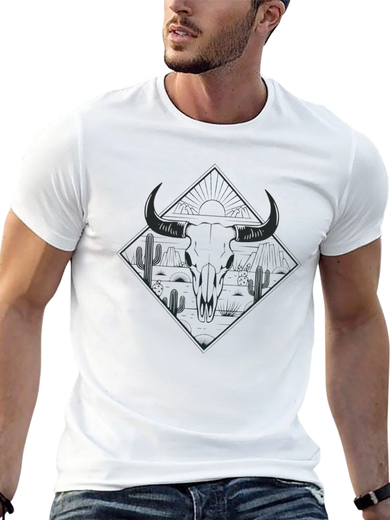 Mens Black T-Shirt with Bull Skull and Desert Graphic