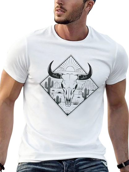 Mens Black T-Shirt with Bull Skull and Desert Graphic