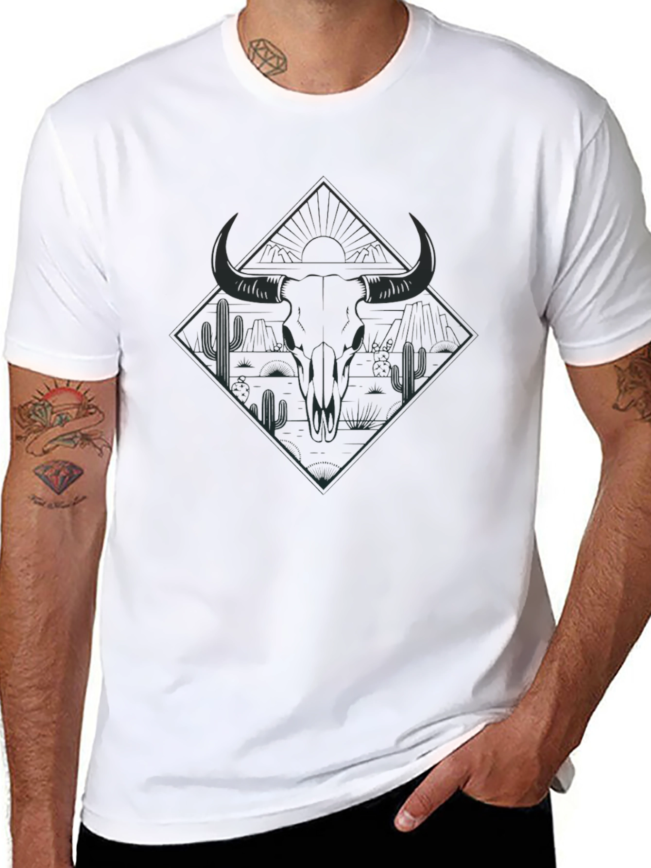Mens Black T-Shirt with Bull Skull and Desert Graphic