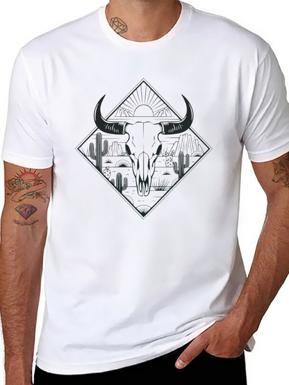Mens Black T-Shirt with Bull Skull and Desert Graphic