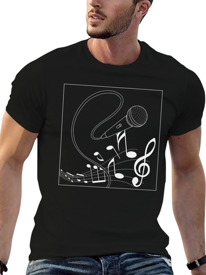 Musical Microphone Graphic Tee - Black Cotton Shirt