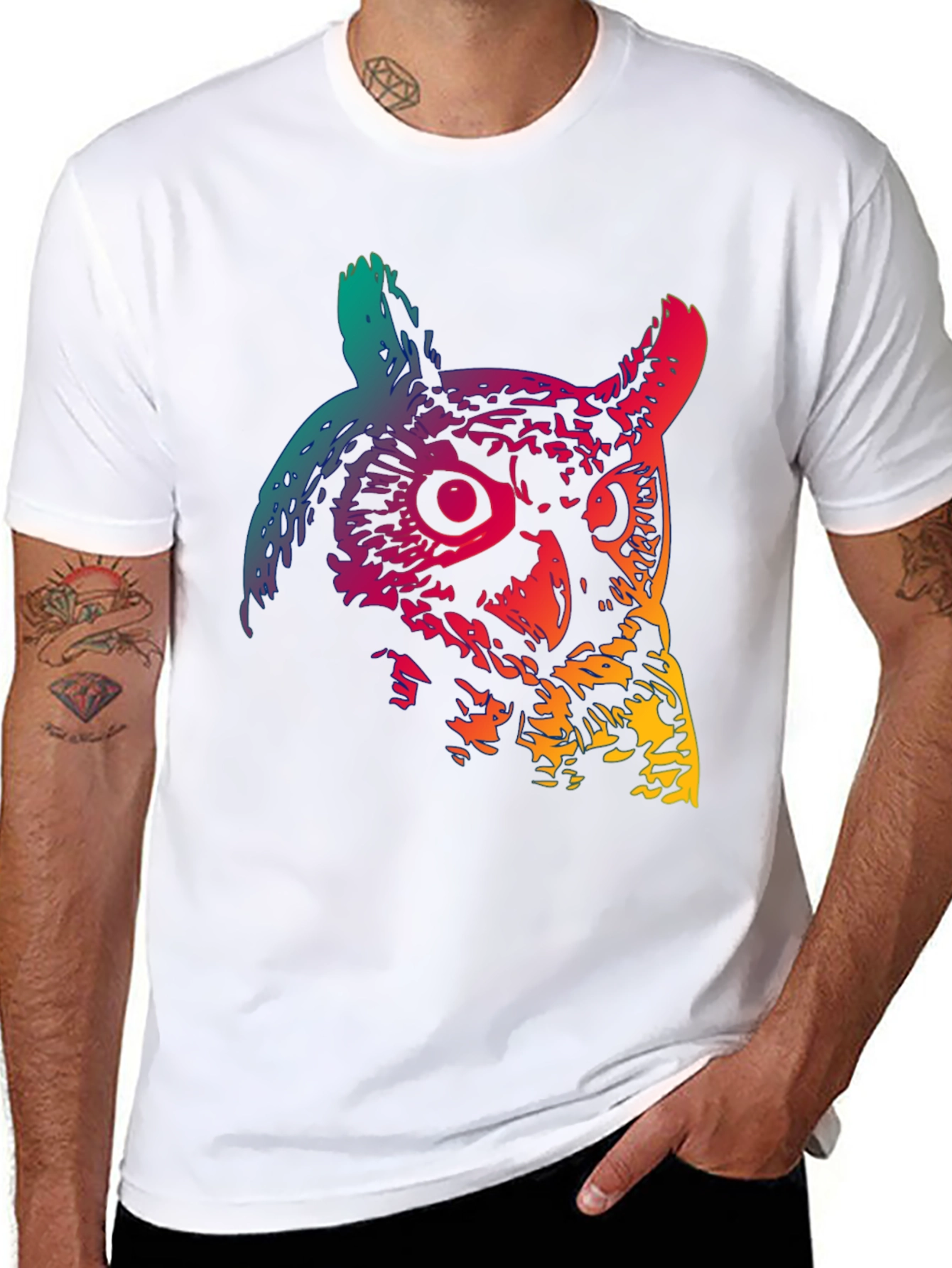 Rainbow Owl Graphic Print Mens Black T-Shirt