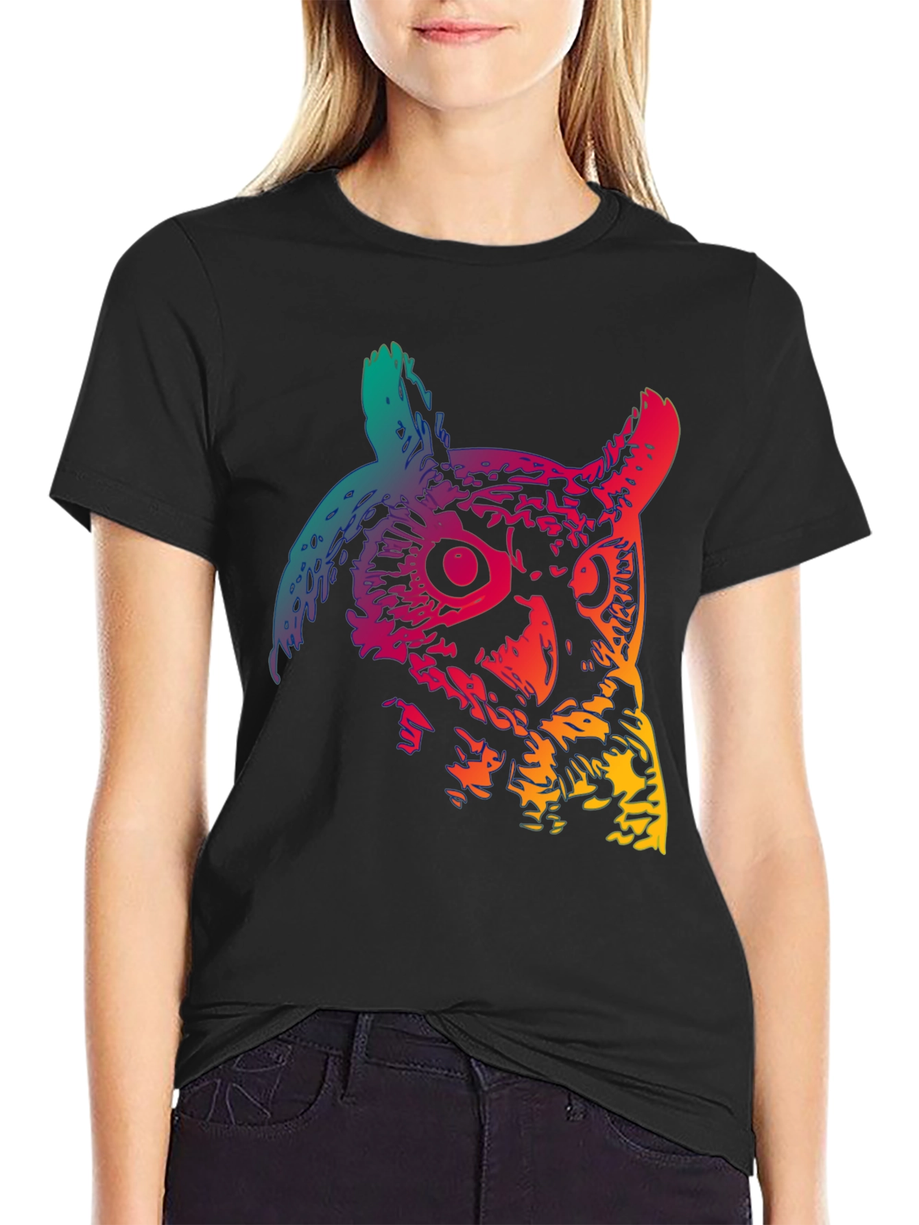 Rainbow Owl Graphic Print Mens Black T-Shirt