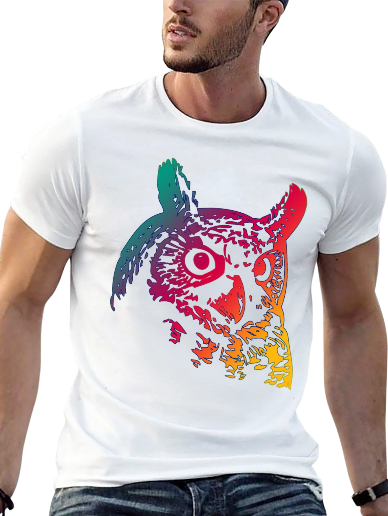 Rainbow Owl Graphic Print Mens Black T-Shirt