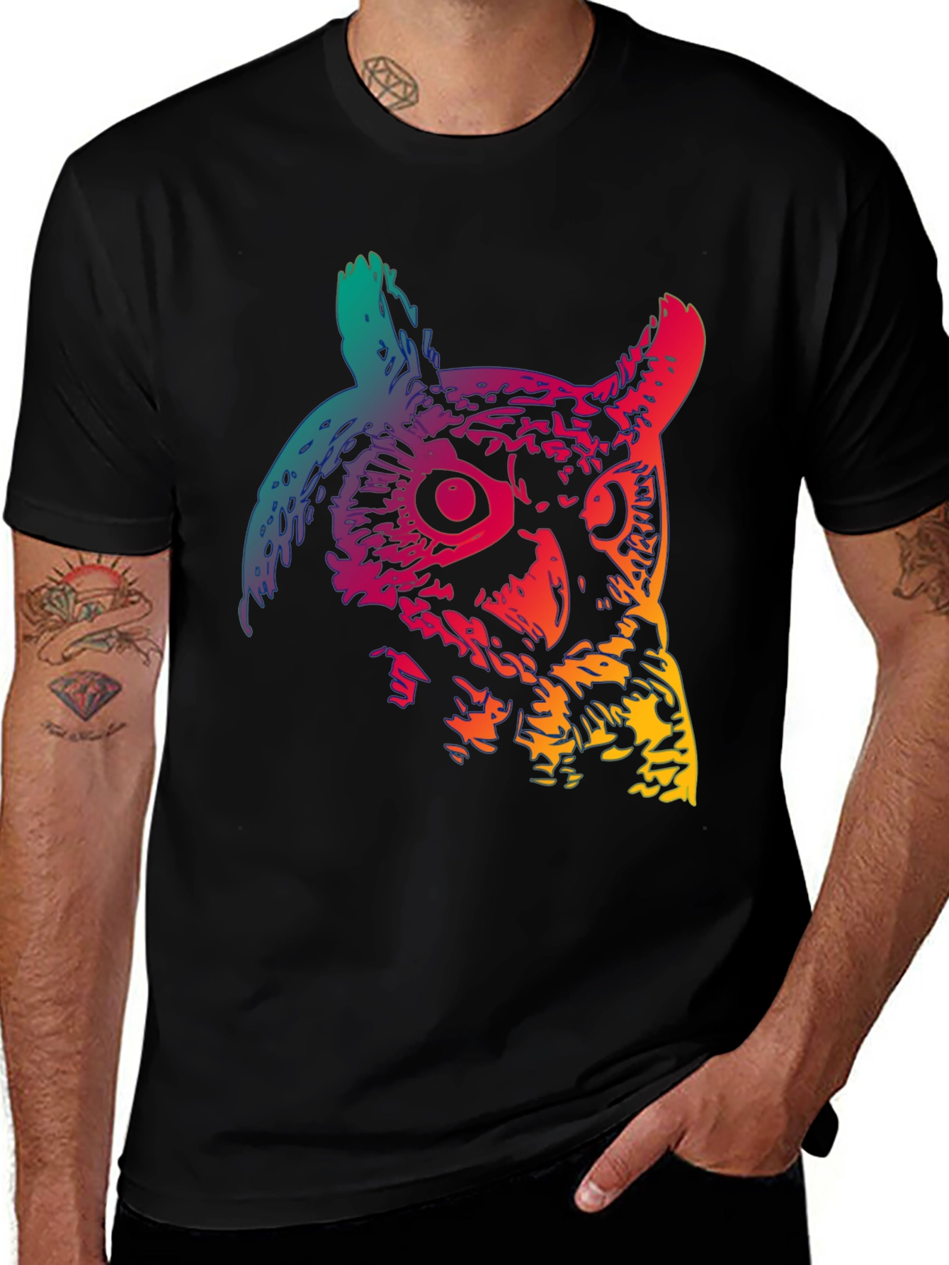Rainbow Owl Graphic Print Mens Black T-Shirt