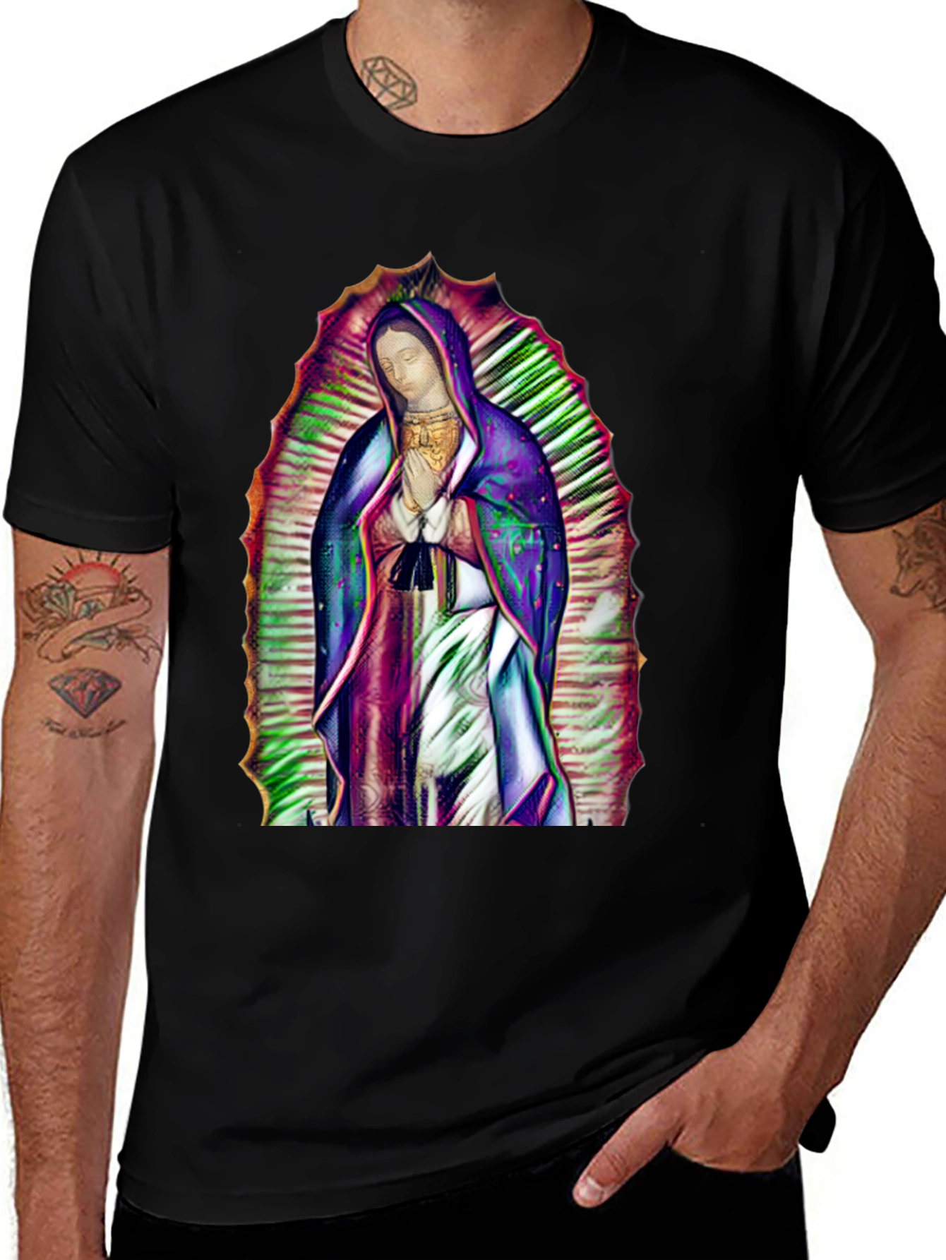 Virgin Mary Graphic Print Black T-Shirt