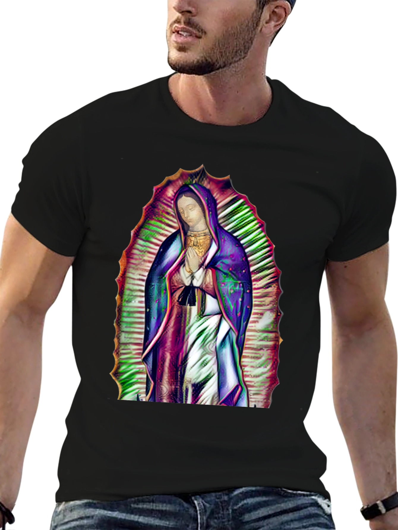 Virgin Mary Graphic Print Black T-Shirt