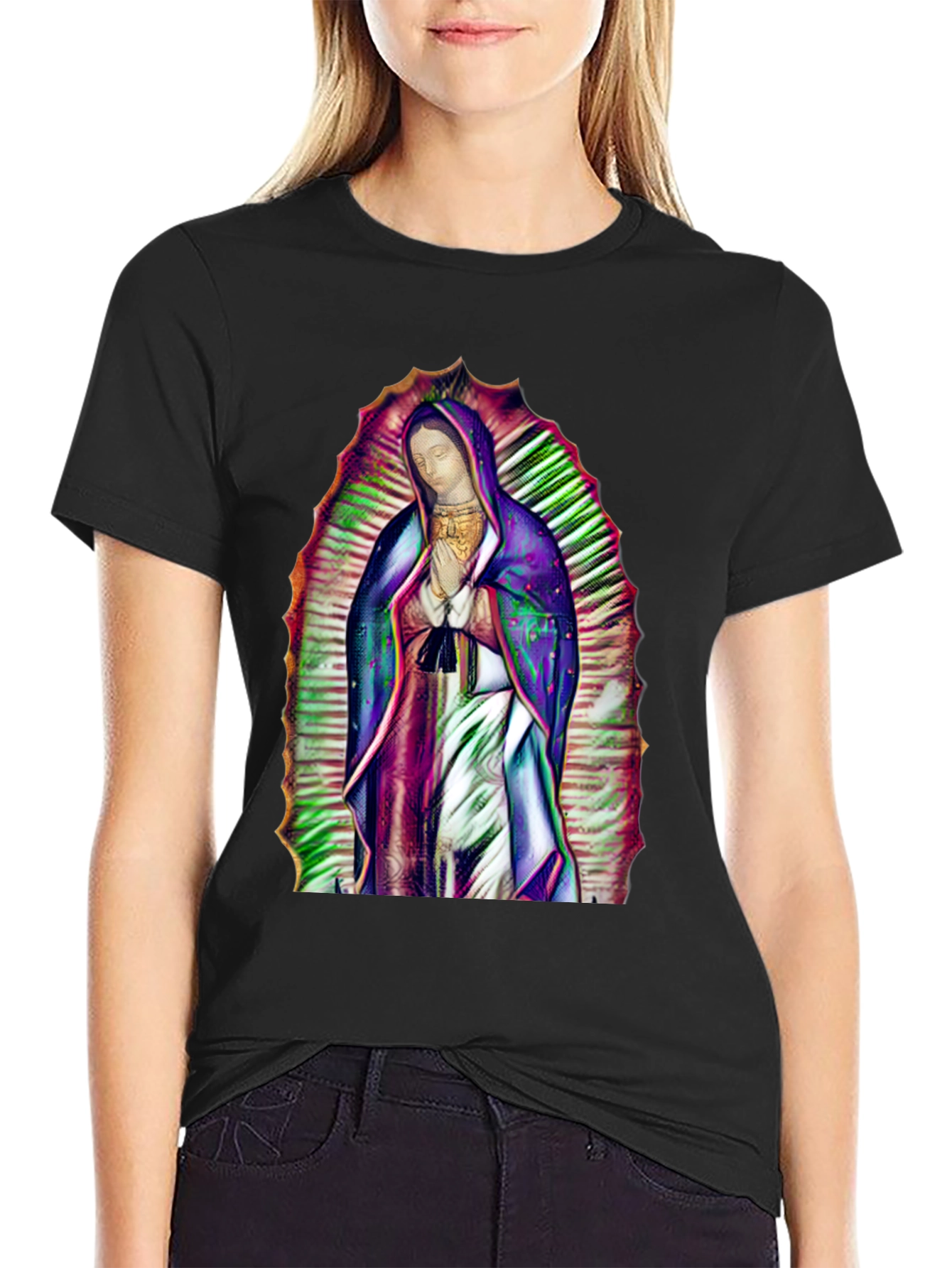 Virgin Mary Graphic Print Black T-Shirt