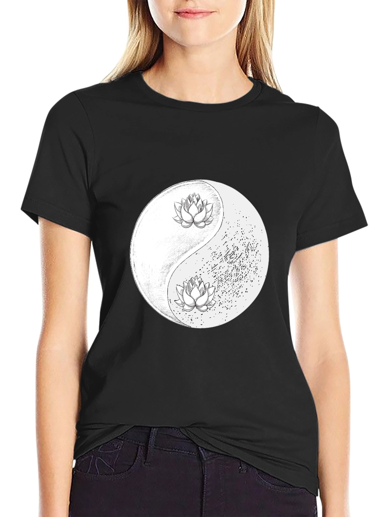 Yin Yang Lotus Graphic Tee - Black Unisex