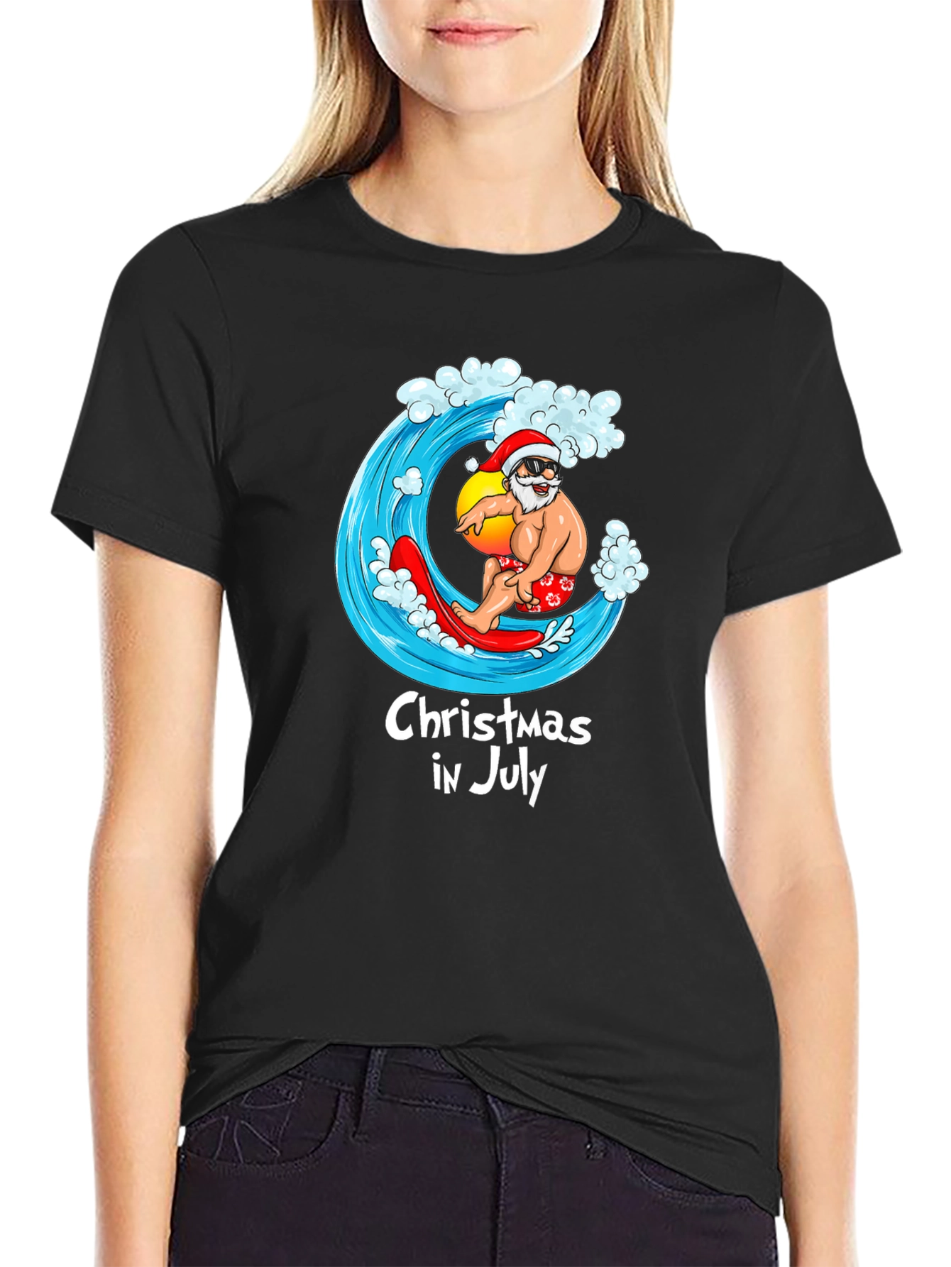 Christmas in July T-Shirt - Santa Surfing Graphic Tee