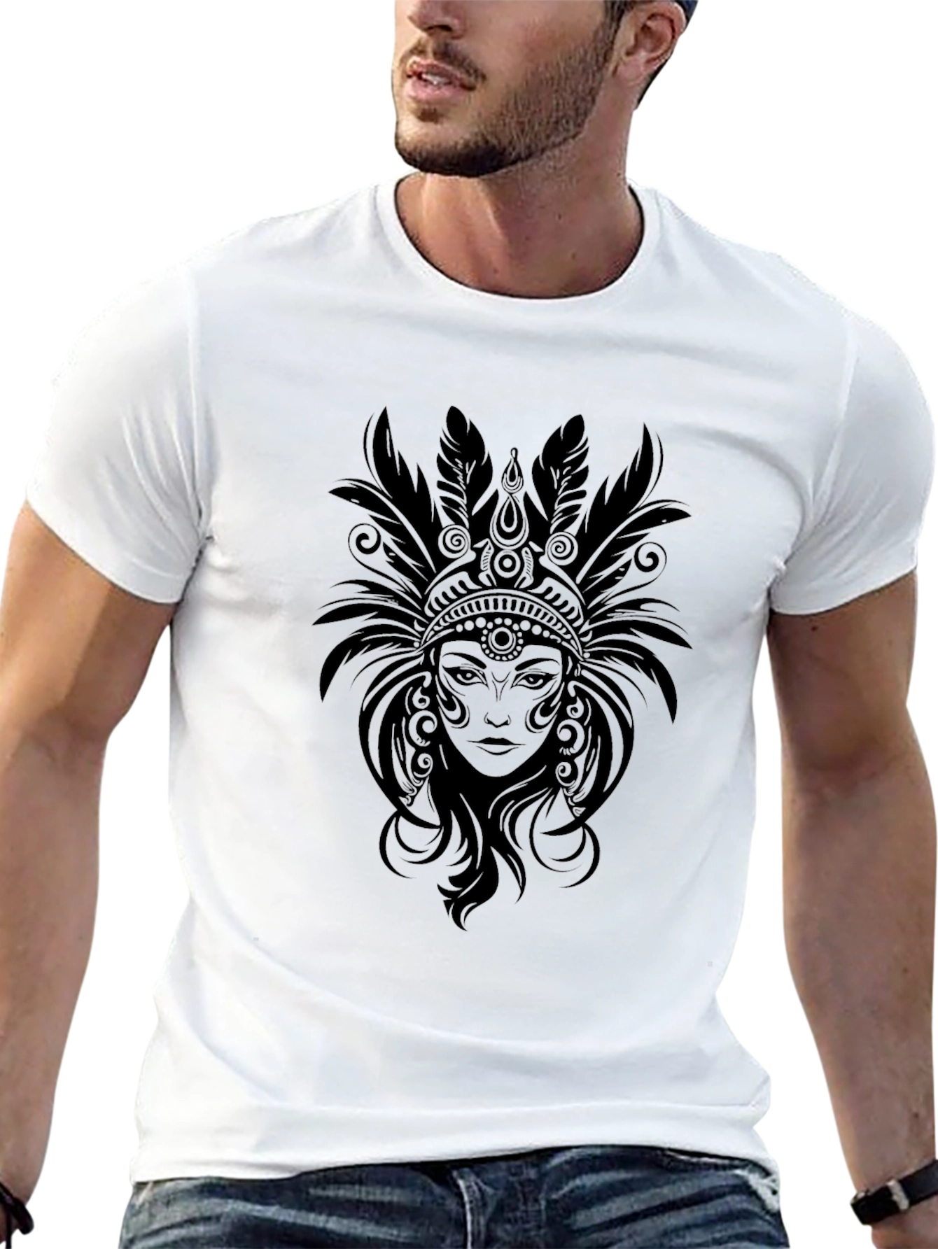 Black T-Shirt with Native American Headdress Graphic
