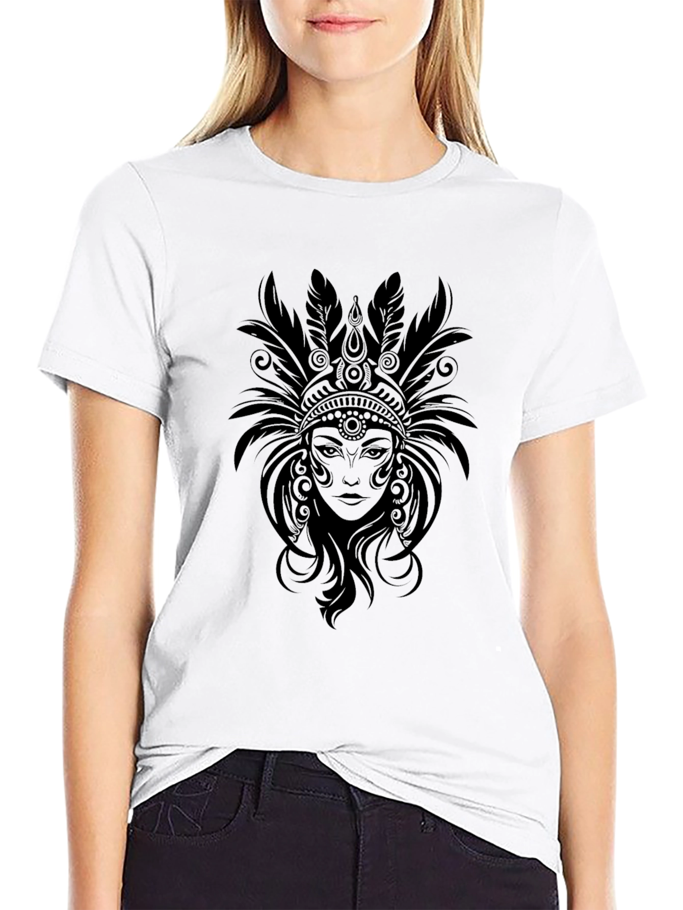 Black T-Shirt with Native American Headdress Graphic