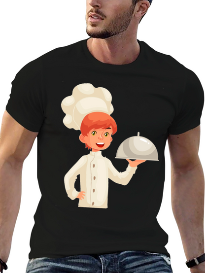 Chef Cartoon Graphic Tee - Black Cotton Casual T-Shirt