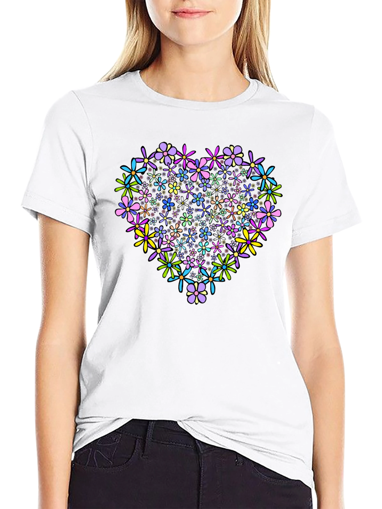 Floral Heart Graphic T-Shirt - Black Cotton Tee