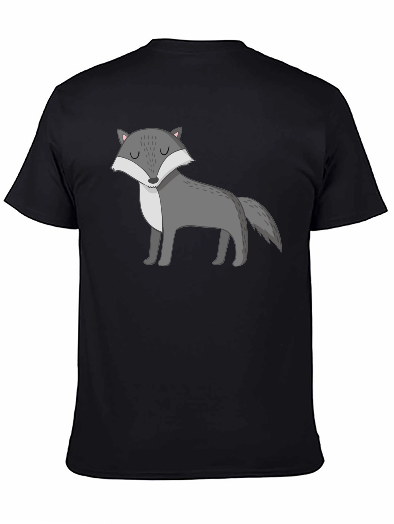 Mens Black T-Shirt with Cartoon Wolf Graphic