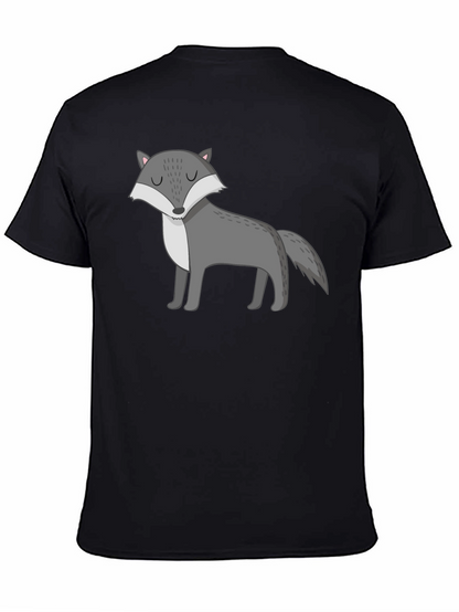 Mens Black T-Shirt with Cartoon Wolf Graphic