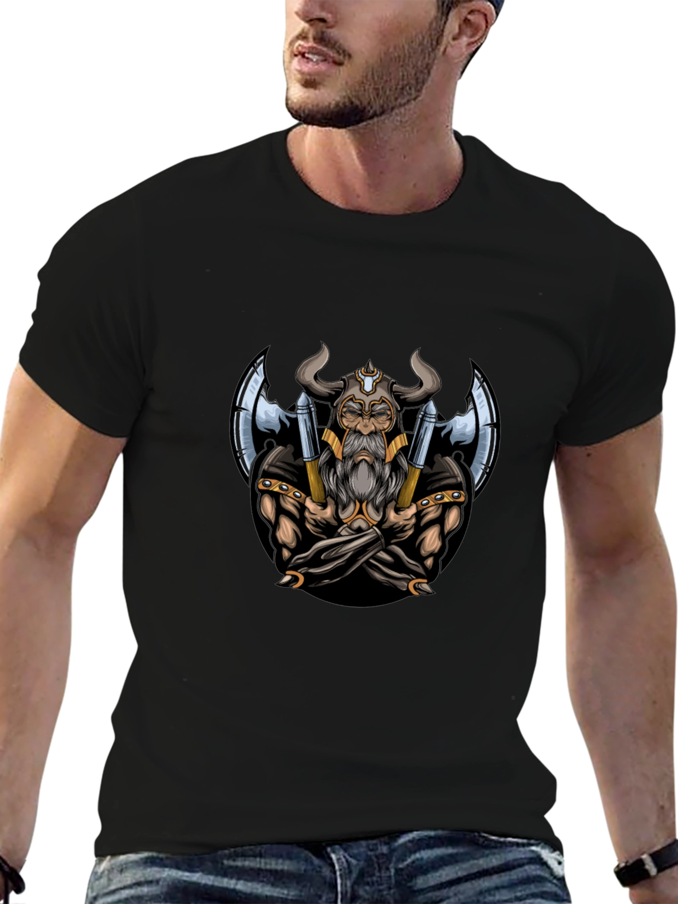 Viking Warrior Graphic Tee - Black Cotton