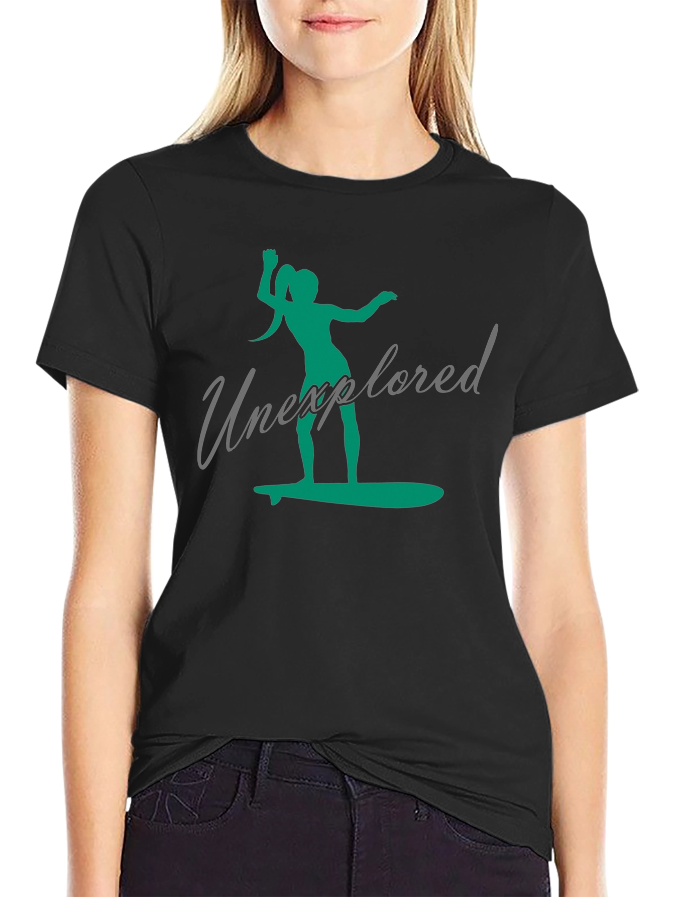 Unexplored Surfer Girl Graphic Black T-Shirt