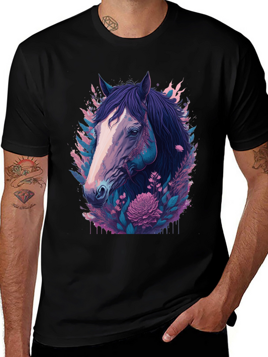 Floral Horse Graphic Tee - Black Cotton T-Shirt