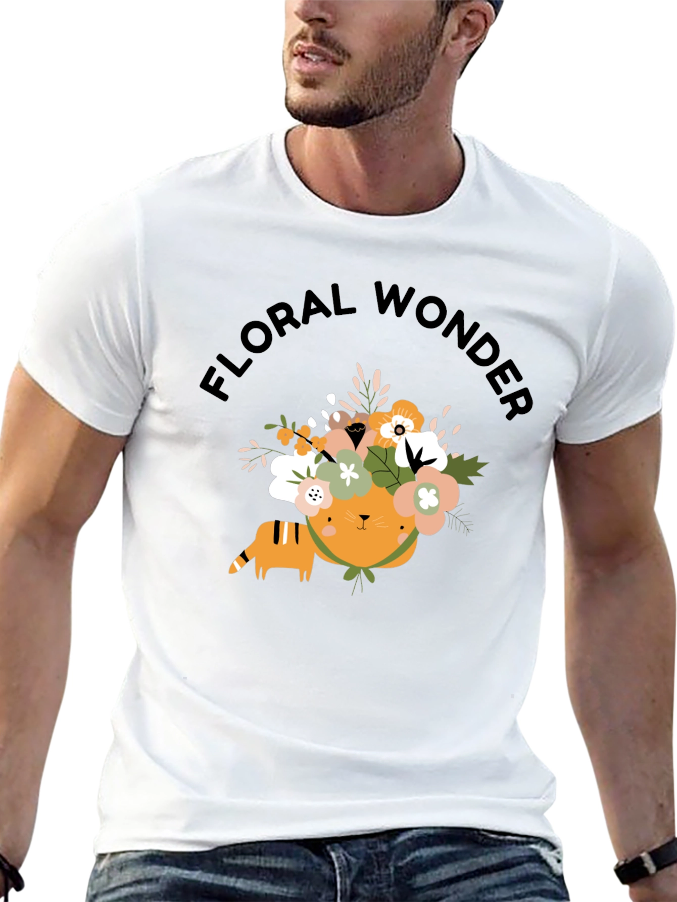 Floral Wonder Cat T-Shirt - Soft Black Cotton