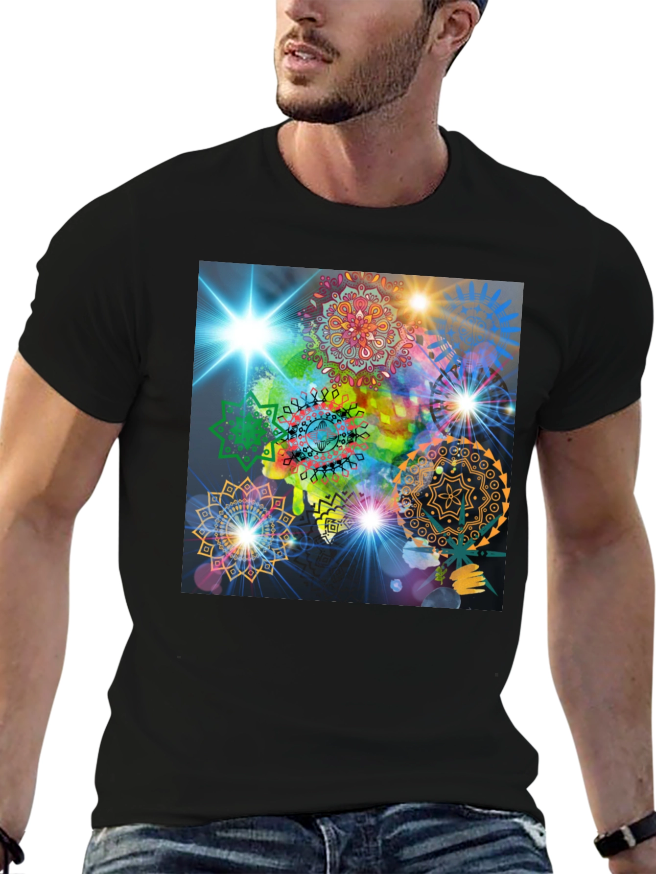 Cosmic Mandala Graphic Tee - Modern Black T-Shirt