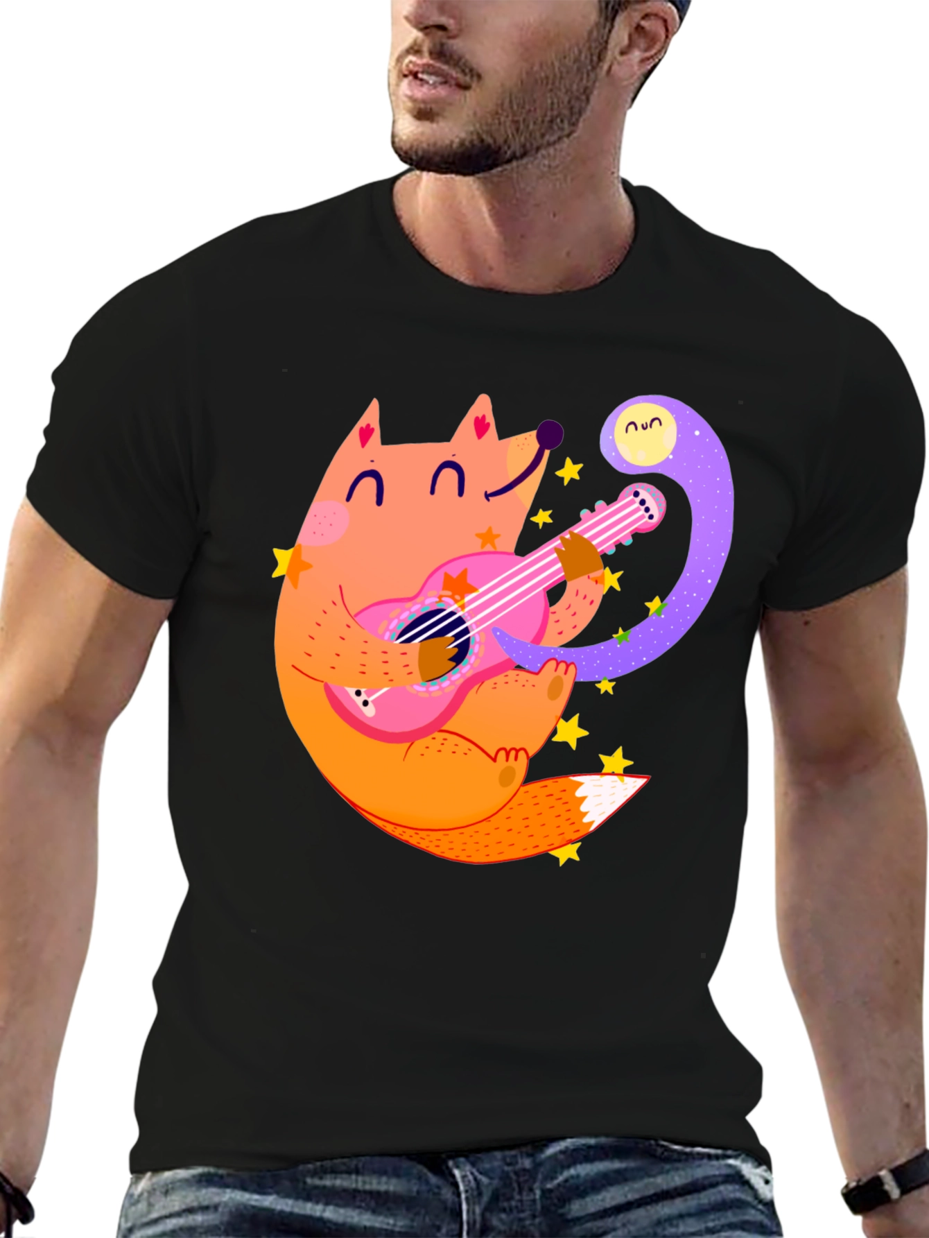 Fox Guitarist Graphic Tee - Black Cotton T-Shirt