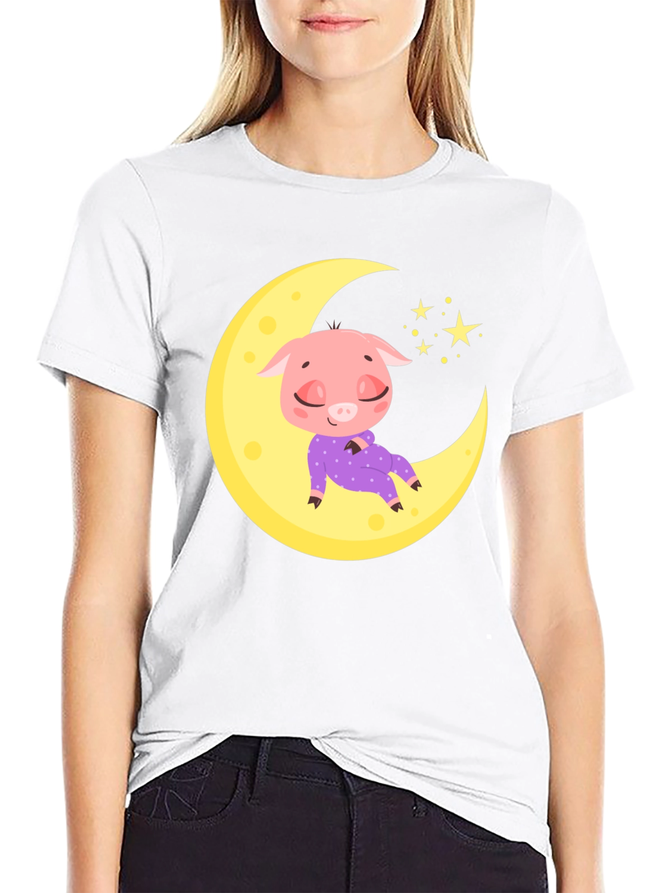 Cute Pig on Moon Black T-Shirt