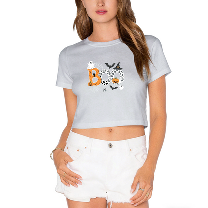 Patterned Boo Ghost Spider Web Halloween Cropped T?Shirt