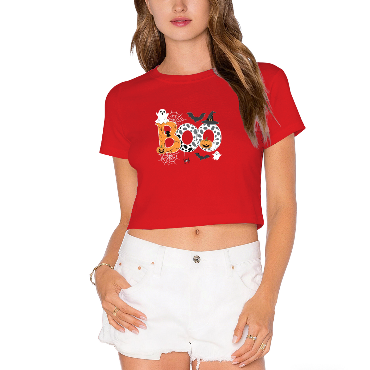 Patterned Boo Ghost Spider Web Halloween Cropped T?Shirt