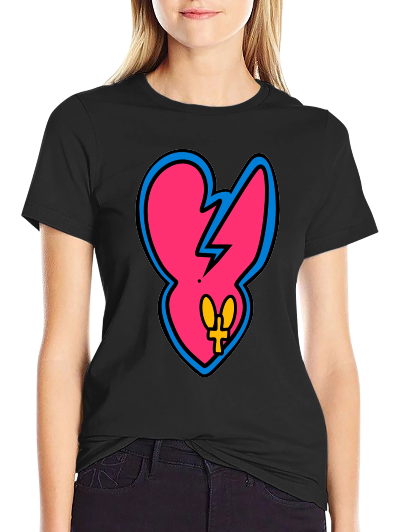 Edgy Pink Heart Graphic Tee - Casual Black T-Shirt