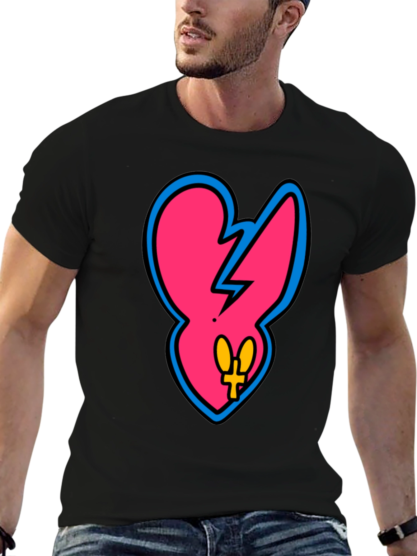 Edgy Pink Heart Graphic Tee - Casual Black T-Shirt