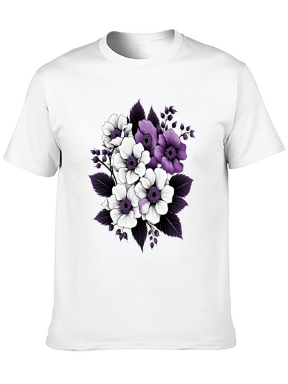 Floral Black T-Shirt with Purple and White Flowers