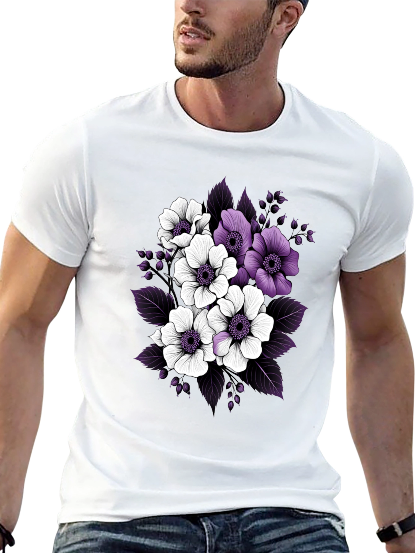 Floral Black T-Shirt with Purple and White Flowers
