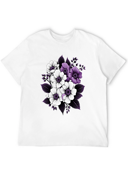 Floral Black T-Shirt with Purple and White Flowers