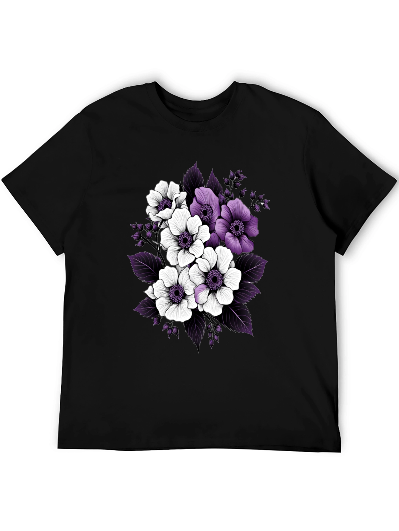 Floral Black T-Shirt with Purple and White Flowers