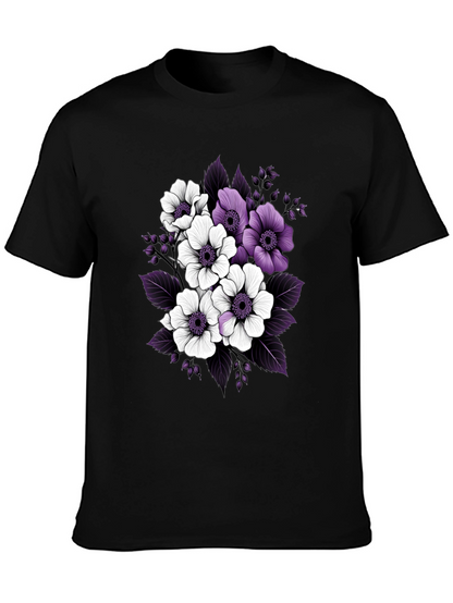 Floral Black T-Shirt with Purple and White Flowers
