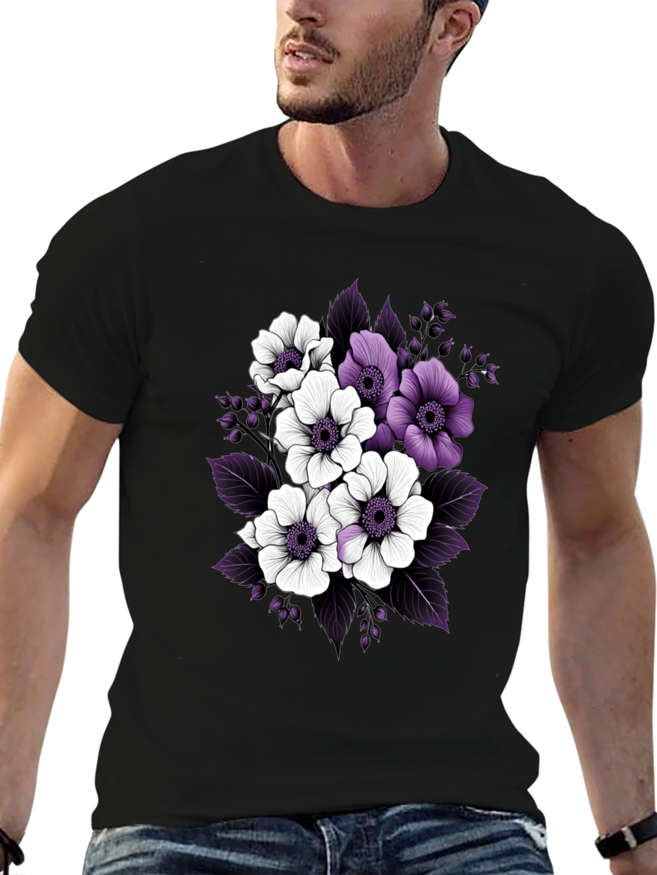 Floral Black T-Shirt with Purple and White Flowers