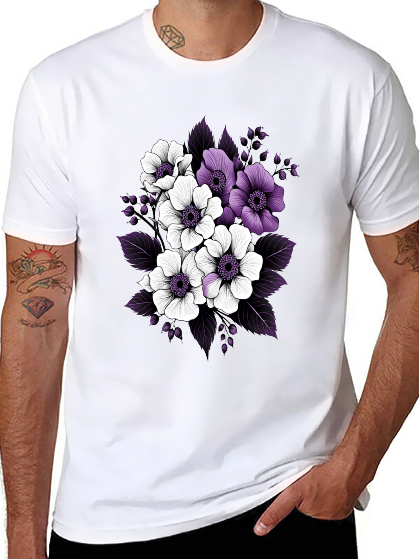 Floral Black T-Shirt with Purple and White Flowers