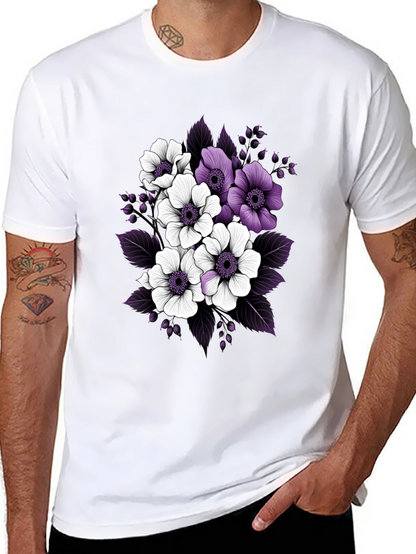 Floral Black T-Shirt with Purple and White Flowers