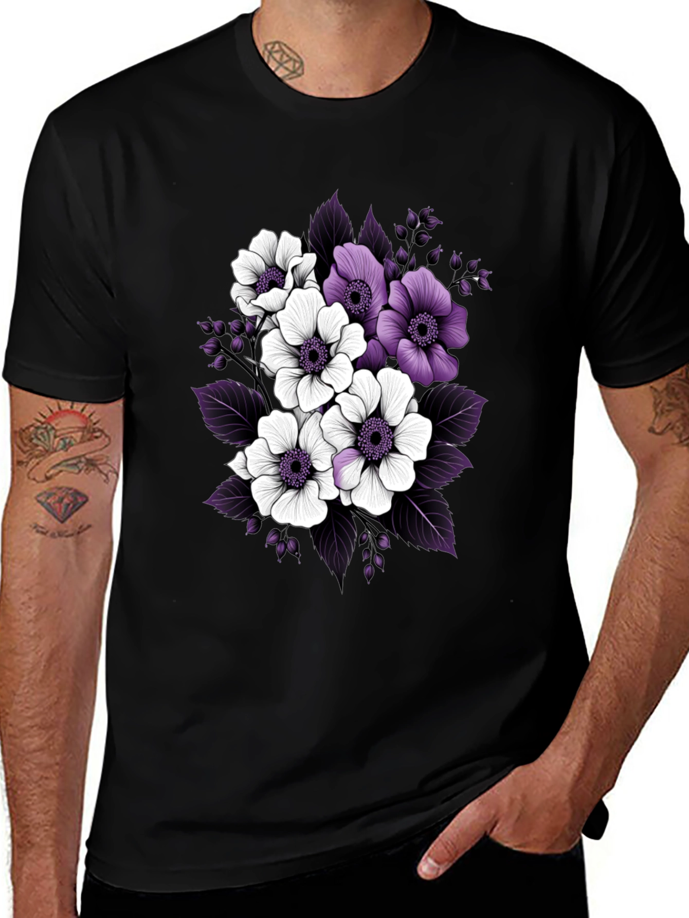Floral Black T-Shirt with Purple and White Flowers
