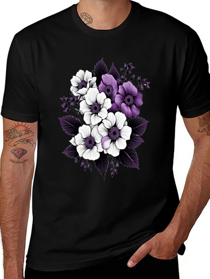 Floral Black T-Shirt with Purple and White Flowers