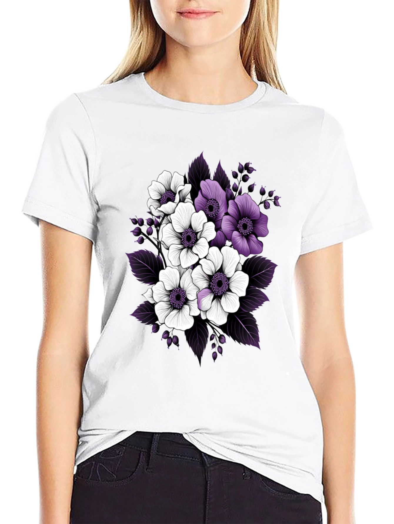 Floral Black T-Shirt with Purple and White Flowers