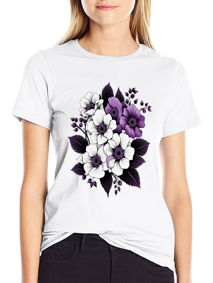 Floral Black T-Shirt with Purple and White Flowers